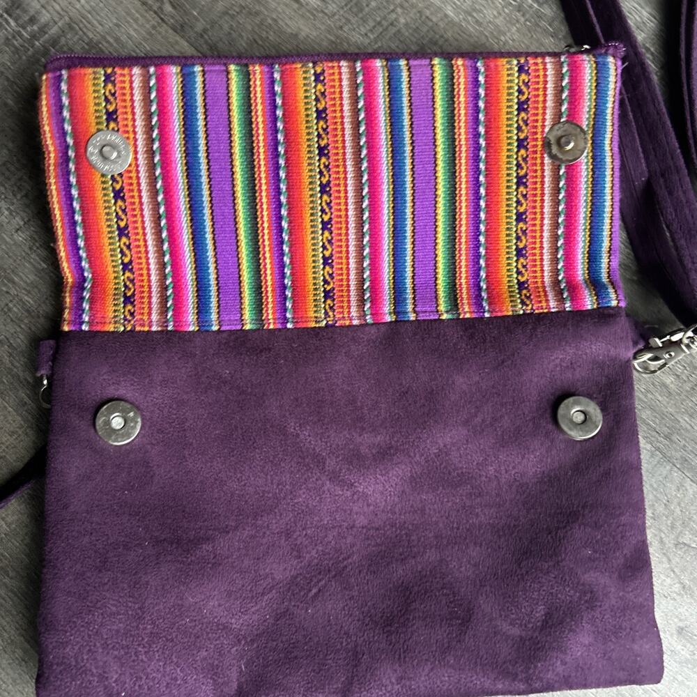 Peruvian Crossbody/Clutch Foldover Bag Purple with Rainbow Striping Wrist Strap - Picture 4 of 9